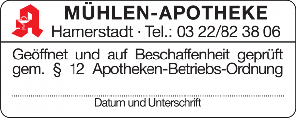 "Geöffnet und auf Beschaffenheit geprüft" mit Apothekennamen