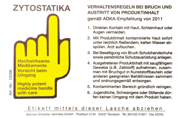 Zytostatika Verhaltensregeln bei Bruch und Austritt von Produktinhalt gemäß ADKA-Empfehlung 2011