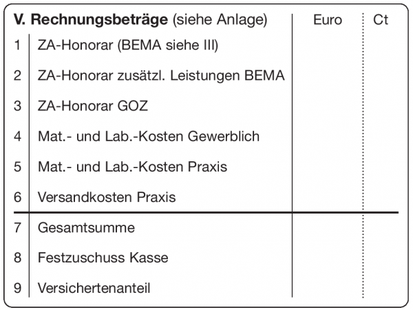 V.Rechnungsbeträge (siehe Anlage) 1 ZA-Honorar (BEMA siehe III) 2 ZA-Honorar zusätzl.Leistungen ...