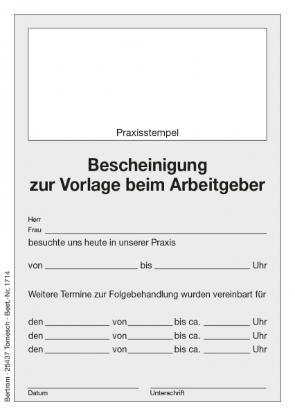 Bescheinigung zur Vorlage beim Arbeitgeber - Block